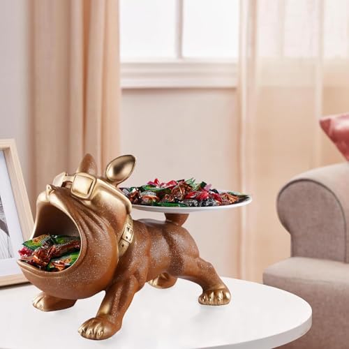Image of Cool Bulldog Key Bowl & Accessory Tray - Matte Black & Gold Resin Dog Sculpture Multifunctional Organizer Showpiece for Keys Watches & Candy (Brown with Sprinkles, Dog with Tail Plate)