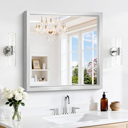 Image of 24 x 24 Silver Bathroom Mirror, Brushed Silver Square Mirror for Wall, 0.6 inch Thickened Deep Frame Mirrors for Bathroom Sink, Shatterproof Tempered Glass, Antirust, Horizontally or Vertically