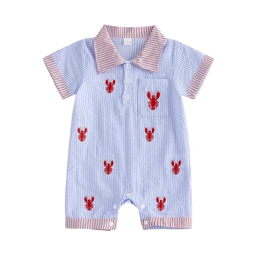 VSQWLZT Newborn Infant Baby Boy Summer Outfit Short Sleeve Button Down Romper Jumpsuit Embroidered Crawfish Onesie Clothes (Blue 6-12 Months)