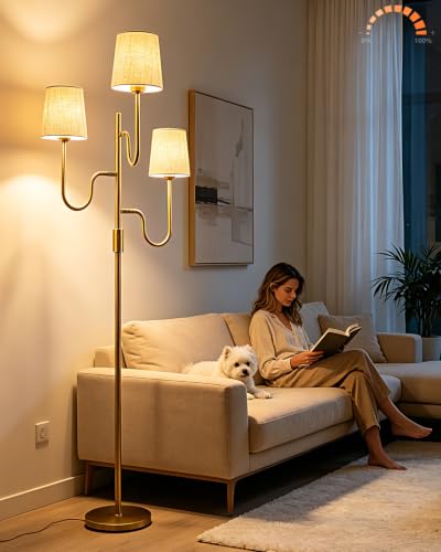 Image of 3-Light Gold Dimmable Floor Lamp with Linen Cone Shades, 3000K Warm White Standing Tall Lamp with Bulbs for Reading, Mid Century Modern Floor Lamp for Living Room Bedroom Sofa Corner Decor