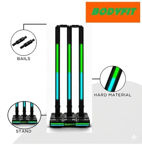 Image of Bodyfit Heavy Black Cricket Stumps | Plastic Wickets Set with 3 Stumps + 2 Bails + 1 Stand | Full Size Wickets for Cricket Ground, Tournament Wicket. (Black-GB3)