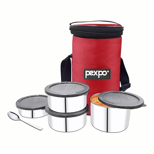 Image of Go24 pexpo Marvel-4 Stainless Steel Meal Box with 4 Containers(2 * 280ml, 200ml, 430ml), 1 Spoon & Bag - Red |BPA Free Lid | Leak Proof | Lunch Box for Office Men and Women