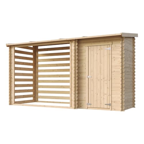 TIMBELA M205 Holz-Geräteschuppen 344x146x199 cm – Gartenhaus mit Brennholzregal, wasserfestem Dach, 3.64 m²