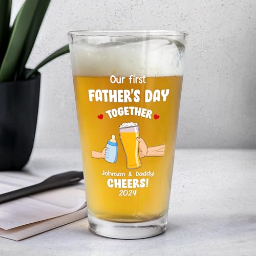 Macorner Personalized Beer Glass - Cheers! Our First Father's Day - Papa Glass Beer Mug, Beer Mugs for Dad, Fathers Day Gift From Daughter Son