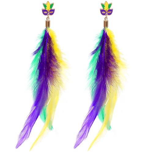 Mardi Gras Earrings Accessories for Women, Colorful Feather Dangle Statement Earrings - Mardi Gras Earrings for Festive Carnival Holiday Party Jewelry