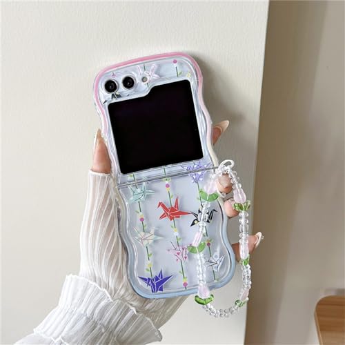 Étui pour Samsung Z Flip 5 4 3 avec lanière fleurie et chaîne de poignet