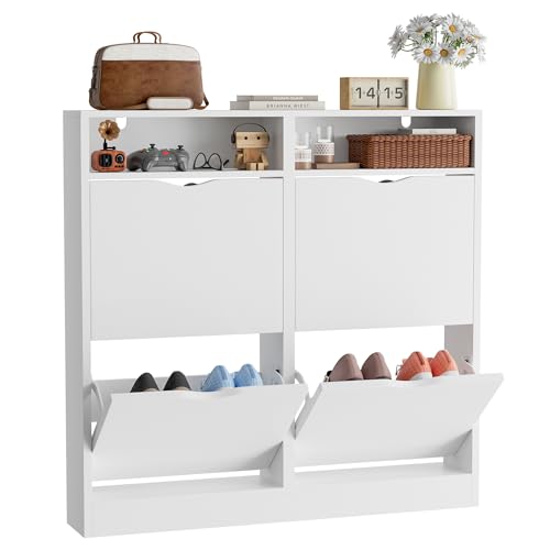 ELUCHANG Zapatero Estrecho con Compartimentos Abiertos & 4 Solapas, Mueble Zapatero Armario Moderno para Entrada, Recibidor y Dormitorio, Madera en Blanco, 100x17x100cm