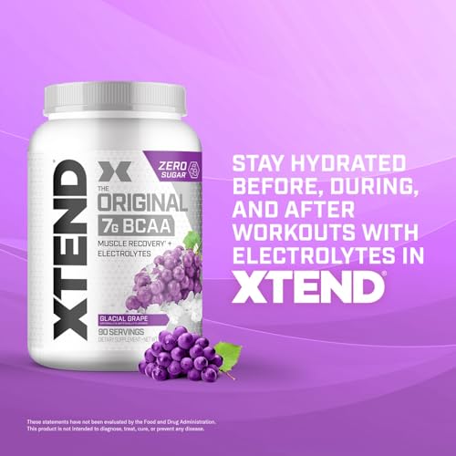 Image of Xtend Original BCAA Powder, 7g BCAAs and 2.5g L-Glutamine for Muscle Recovery Hydration and Lean Muscle, Sugar Free Intra and Post Workout Drink with Electrolytes, Glacial Grape, 90 Servings