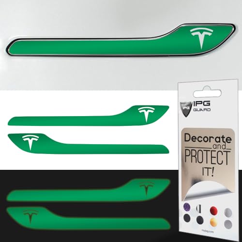 Image of IPG Compatible for Model 3 / Model Y /Juniper Door Handle Decal Sticker Wrap Kit (Set of 4) with Tesla Logo Personalize Your Tesla (Reflective Series - Green)