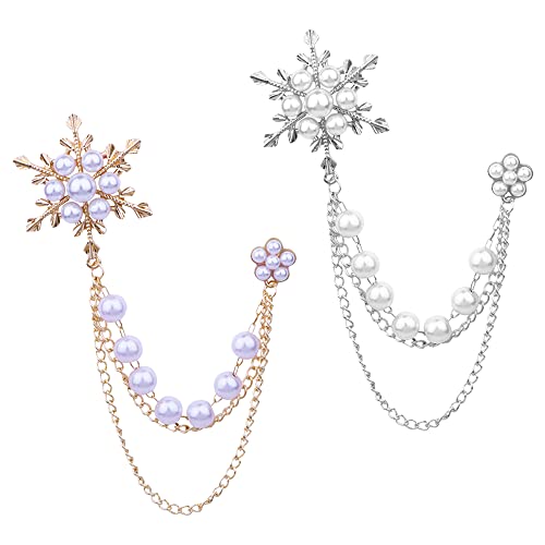 Ceqiny 2 Stk Anzugbrosche für Damen, Perle Schneeflocke Brosche Anstecknadel Pin, Ketten Brosche Kristall Abzeichen Kettennadel Hemden Krawattennadeln für Damen Herren Anzug Dekoration Accessoires Cover