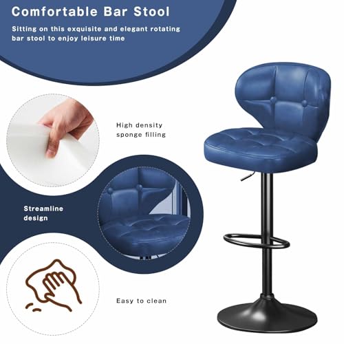 Image of Bar Stools Set of 4, Adjustable Swivel Bar Chairs with Backrest and Footrest, Modern PU Leather Upholstered Counter Height Stools for Kitchen Island, Bar, Dining Room Blue