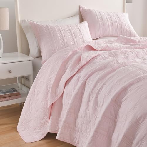 HORIMOTE HOME 100% Cotton Quilt Set King Size, Light Pink Pre-Washed Bedspread Coverlet Set, Cozy Lightweight Stitching Decorative Bedding Cover with 2 Shams in Geometric Pattern for All Season by HORIMOTE HOME - Used condition - Image 3