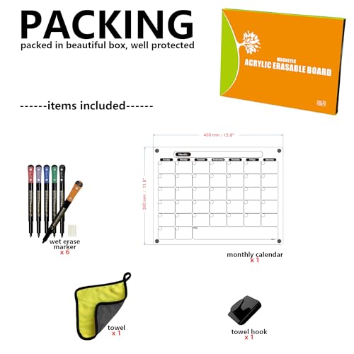 Acrylic Magnetic Dry Erase Calendar for Fridge Clear Monthly Whiteboard Planner Erasable Planning Board Black 16\" x 12\" w/ 6 Dark Color Wet Erase Marker