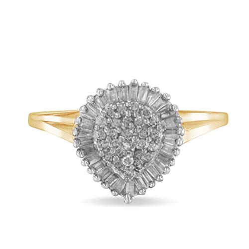 Haus of Brilliance 10K Yellow Gold 1/2 Cttw Round & Baguette Cut Diamond Pear Shaped Domed Pavé Cluster with Halo Cocktail Ring (J-K Color, I1-I2 Clarity) - Size 4-1/4