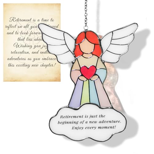 AQGQTQ Retirement Gift for Woman, Angel Suncatcher Stained Glass Window Hanging, Happy Retirement Gift for Woman, Sun Catchers for Retirement Party Decorations, Retired Gifts for Coworkers Friends
