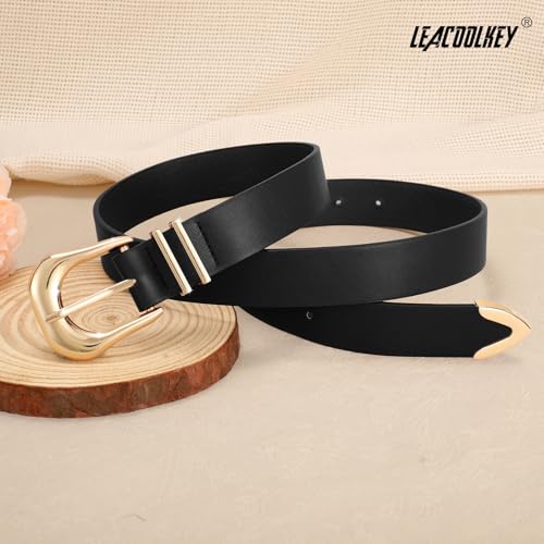 LEACOOLKEY Women's Fashion Leather Belt with Gold Buckle Ladies Waist Belts for Jeans Dress Pants — view 2
