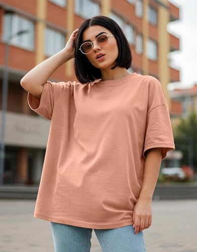 Image of JUNEBERRY Pure Cotton Oversized Baggy Fit Half Sleeve Drop Shoulder Plain Solid Round Neck T-Shirt for Women (Available in Black, White, Lilac, Cork, Maroon, Royal Blue, Swan White, Soap Nut Colors)