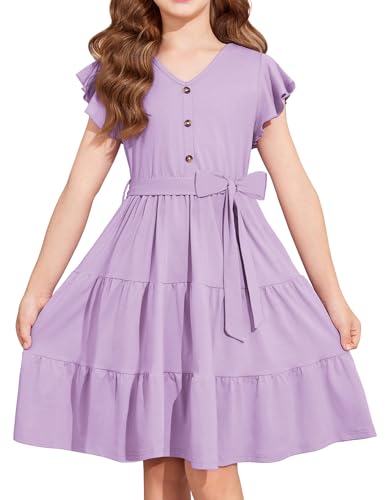 Arshiner Girls Dress Short Sleeve Summer V Neck Button Removable Belt Dresses with Pockets 5-12 Y