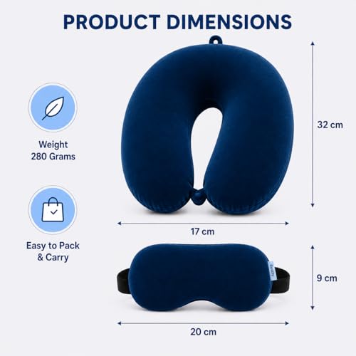 Image of Restify Premium Memory Foam Travel Neck Pillow with Eye Mask | Soft Velvet U Shape Neck Support Cushion for Flight, Airplane, Car & Office Travel | Portable Pillow for Men & Women | Navy Blue