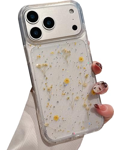 Shinymore Compatible with XR Flower Case, Soft Clear Flexible Rubber Pressed Dry Real Flowers Girls Glitter Floral Cover-Yellow