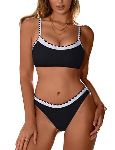 BMJL Women's Bikini Sets Cheeky Color Block Two Piece Swimsuits Sporty Scoop Neck High Cut Bathing Suit