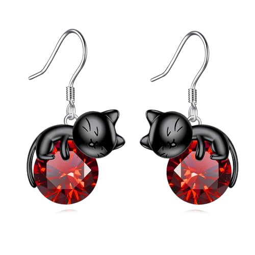 Black Cat Earrings 925 Sterling Silver Cats Dangle Drop Earrings Birthstone/Moonstone Kitten Jewelry Gift for Women