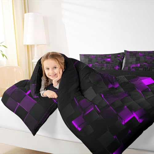 Image of Erosebridal Black Purple Comforter Set Queen Neon Geometric Checkered Bedding Set for Girls Teen Women,Tereoscopic Grids Comforter Square Plaid Quilt Duvet Room Decor 3 Pcs
