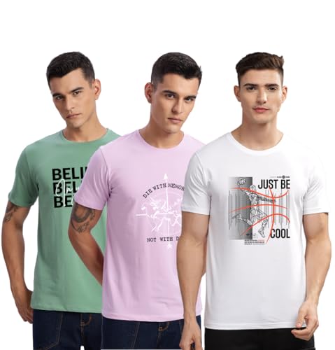 Image of ADRO 100% Cotton Lycra Tshirts for Men Combo Pack of 3 | Regular Fit | Printed T Shirt | Round Neck Half Sleeve| Mens Tshirts