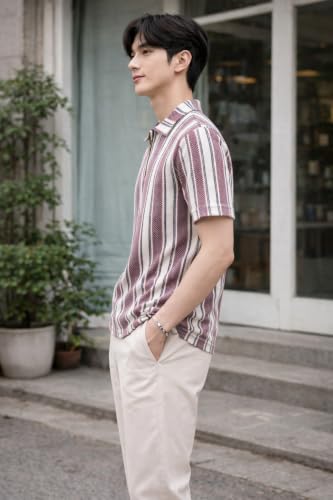 Image of London Hills Men's Loose Fit Half Sleeve Vertical Striped Polo T-Shirt with Zip Collar | Premium Polyester Fabric | T Shirt for Man | Tshirt | Shirts Men | Tshirt for Man | Men T-Shirts
