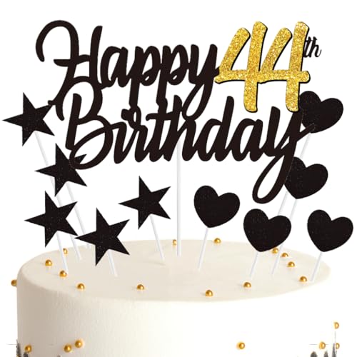 Ouceanwin Décoration Gâteau Anniversaire 44 ans Happy Birthday Décoration Gateau Noir Or, Cake Topper Anniversaire Décoration de Gâteau Topper Coeurs Étoiles pour Fête Anniversaire 44 ans Femme Homme