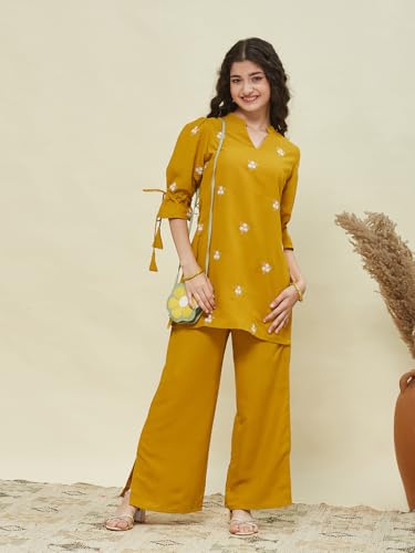 Image of Girls Floral Embroidered Kurta and Palazzo Pants Co-ord Set with V Neck Elegant Traditional Outfit for Festive and Functions