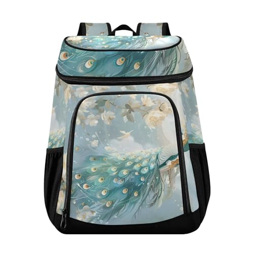 Elegant Peacock Flower Cooler Backpack Cooler Insulated Leak Proof Lunch Backpack 36 Cans Waterproof Soft for Men Women Picnic Hiking Camping Beach
