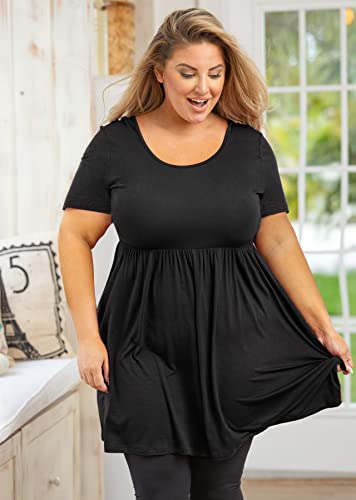 Auslook Plus Size Womens Summer Tops Black 2X Tunic Short Sleeve Blouses Scoop Neck Clothing Pleated Tee Ladies Clothes Flowy Dressy Casual Dress Loose Fit Outfits Maternity Babydoll T Shirts Wear With Leggings #TOP1