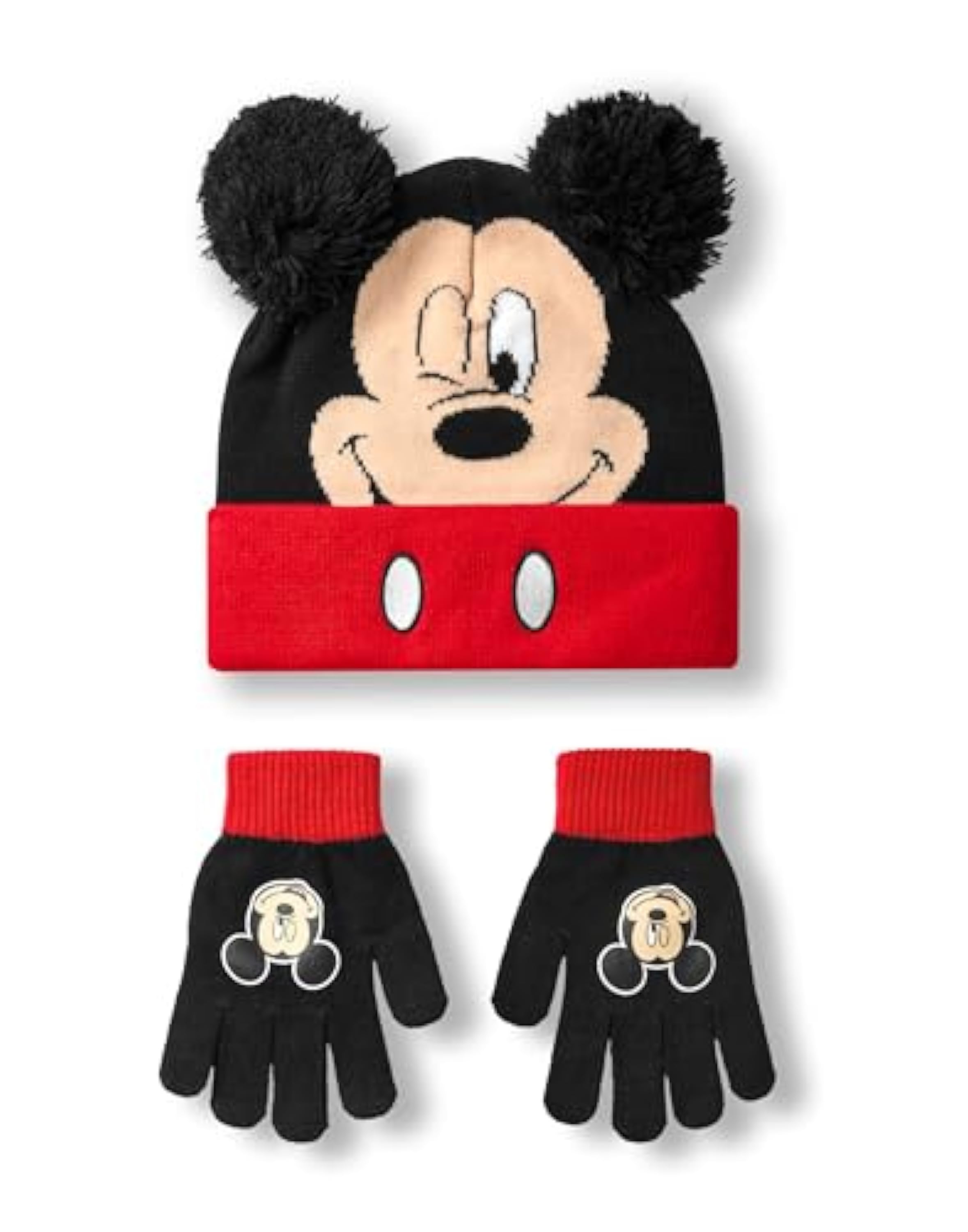 Disney Conjunto de gorro y guantes de Mickey Mouse para niños | Gorro de invierno de punto negro y rojo con pompones | Gorro y guantes de talla única para niños con cara del personaje