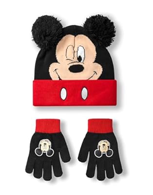 Disney Conjunto de gorro y guantes de Mickey Mouse para niños | Gorro de invierno de punto negro y rojo con pompones | Gorro y guantes de talla única para niños con cara del personaje | Ya disponible en tu tienda friki favorita! En mundofriki.es!