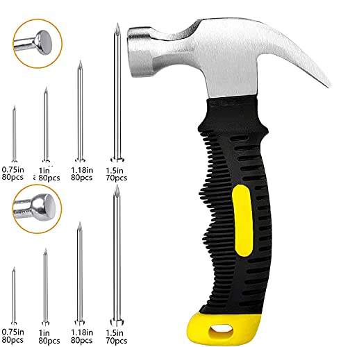 Ewonice 620Pcs Hardware Nail Assortment Kit With 8Oz Claw Hammer, Mini Hammer With Anti-Slip Handle, Anti-Corrosive Galvanized 310 Picture Hanging Nails & 310 Finishing Nails For Diy Woodworking #TOP1