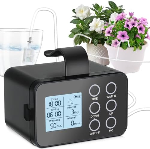 Automatic Plant Watering System for 15 Pots, [Upgraded] Tipkook Programmable Indoor/Outdoor Drip Irrigation System with LCD Touchscreen,1-300s Watering Timer, Vacation Garden Watering System