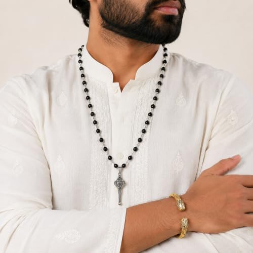 Image of Karungali Malai 8mm Certified with Bajrang Hanuman Gada Pendant Silver Plated | 54 Beads Authentic Black Ebony Wood Mala with German Silver Cap | Spiritual Protection Chain for Men & Women
