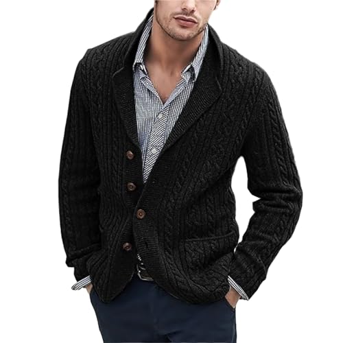 Casual Knitted Sweaters for Mens Cable Knit Shawl Collar Single Breasted Cardigan Long Sleeve Sweater with Pockets