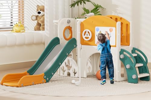 Image of 67i Indoor Toddler Slide with Drawing Board, Golf Set, Basketball Hoop - Kids Playground for 1-3 Year Olds, Non-Slip Steps & Storage Space (Green Yellow)