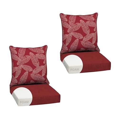 Image of Arden Outdoor Foam Deep Seat Cushion Set, 2-Pack, 24x24, Premium High-Density Foam, Never Flattens, Weather-Proof for Patio Chair Sofa Couch, Red Leaf Palm