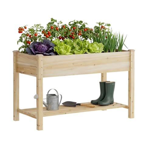 Raised Garden Bed, Planter Box with Storage Shelf, Elevated Wooden Planter Box with Legs, Garden Planter for Backyard, Patio, Balcony, Natural Wood (Natural, M)