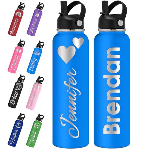 Personalized Water Bottles with Straw Lid 24/32/40oz Custom Engraved Name Logo Stainless Steel Insulated Bottle Customized Gift for School Sport Gym Work