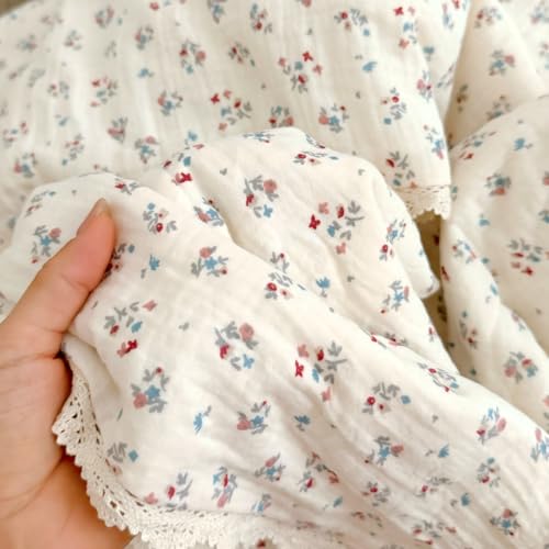 Image of BuLuTu Elegant Floral Muslin Quilt Blankets for Kids Boys Girls Toddler Bed Blanket with Lacey Edges Soft Lightweight Toddler Comforter Crib Quilt for All Seasons, 47x59 Inches