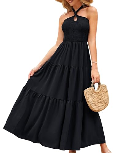 Image of GRACE KARIN Women's Halter Neck Dresses 2024 Sleeveless Smocked Backless Cut Out Flowy Maxi Dress