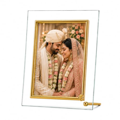 Image of Premium Crystal Glass Photo Frame 5x7 Inch | Elegant Gold Plated Inner Border with Metallic Stand Studs | Transparent Floating Tabletop Wedding Picture Frame for Home & Office Decor by MINT ART