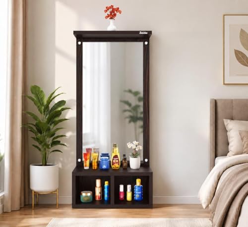 Image of Wooden Dressing with Storage Shelf for Bedroom, Modern Vanity Mirror Organizer, Stylish Bedroom Furniture for Makeup & Daily Essentials, Large HD Wall Mirror for Home Decor Dark Finish