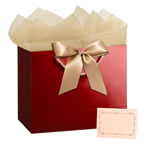 PrintGuru 13 Large Red Gift Bag with Handles Mothers Day Gift Bag Birthday Gift Bag with Tissue Paper and Greeting Card Birthday Bag for Women Christmas Gift Bags for Wedding Bridal Shower 13W x 10.2H x 4.9D (Glossy Red 1 Pack)