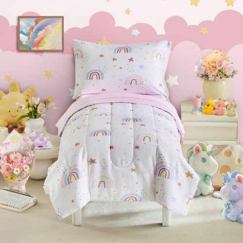 Image of Rainbow Toddler Bedding Set for Girls Light Pink Stars Dots 4PC Toddler Bed Set - Soft Blue Pink Rainbow Cute Princess Toddler Bed in a Bag with Pink Sheet Set and Pillow Shams
