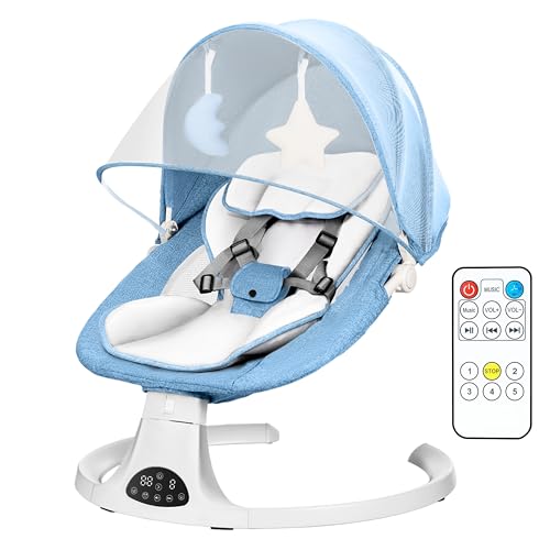 Baby Bouncer from Birth with 5 Swing Speed, 3-Stage Timer and Remote Control, Baby Swing Chair from Birth with 2 Plush Toys & Soft Padded Newborn Bouncer (Blue)